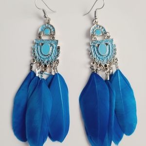 Elegant Blue Feather Tassel Earrings French Hooks